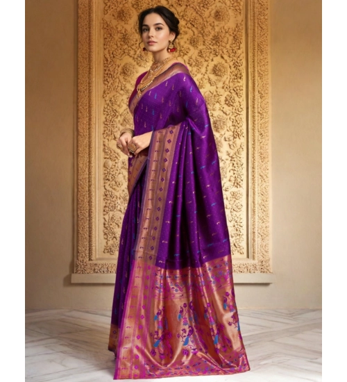 Women's Silk Blend Zari Woven Saree With Unstitched Blouse 5.5Mtr (Purple)