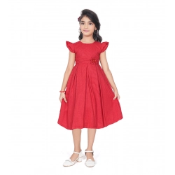 Girl's Rayon Soild Short Sleeve Round Neck Dress (Red)