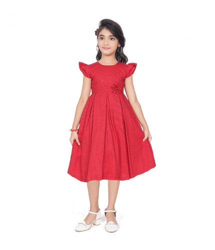 Girl's Rayon Soild Short Sleeve Round Neck Dress (Red)