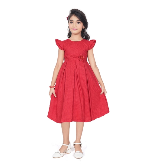 Girl's Rayon Soild Short Sleeve Round Neck Dress (Red)