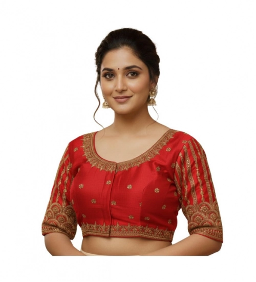 Women's Phantom Silk Embroidered Designer Neck Padded Blouse (Red 38 Ready (Alterable up to 42)
