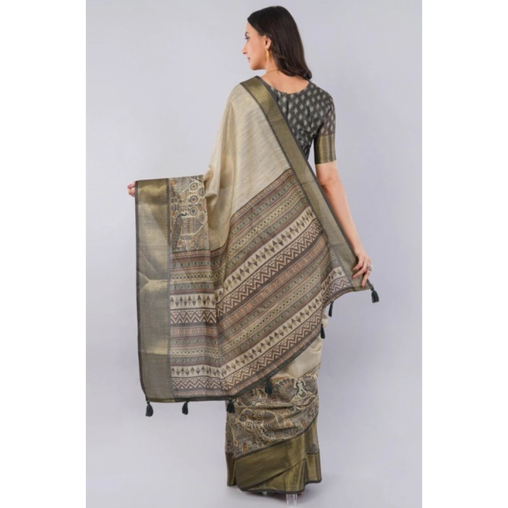 Women's Polyester Printed Ready To Wear Saree With Unstitched Blouse 5.5 Mtr (Beige)
