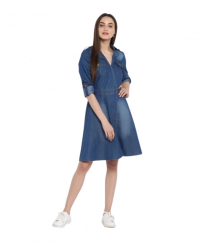 Women's Denim Solid Roll Up Sleeve Dress (Blue)