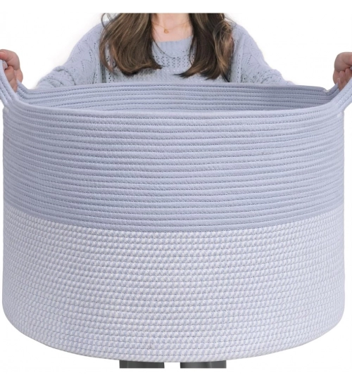 Cotton 16x14 Inch Pack of 1 Storage Basket For Clothes (Gray- Gray White)