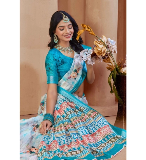 Women's Printed Cotton Linen Saree withPrinted  Saree With Unstitched Blouse (Blue, 5-6Mtrs)