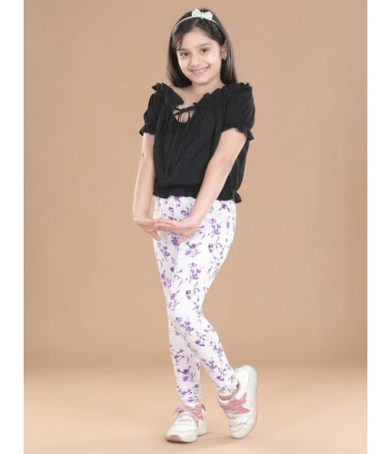 Girl's Cotton Lycra Floral Elasticated Jeggings (White-Lavender)