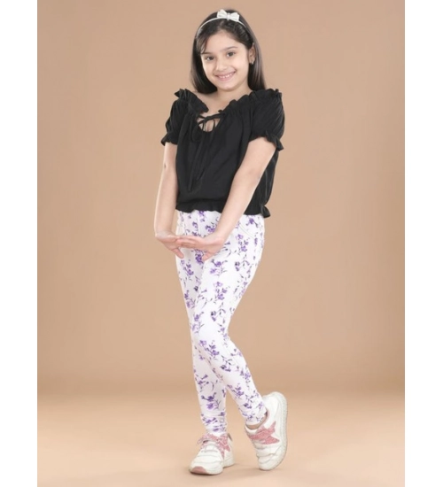 Girl's Cotton Lycra Floral Elasticated Jeggings (White-Lavender)