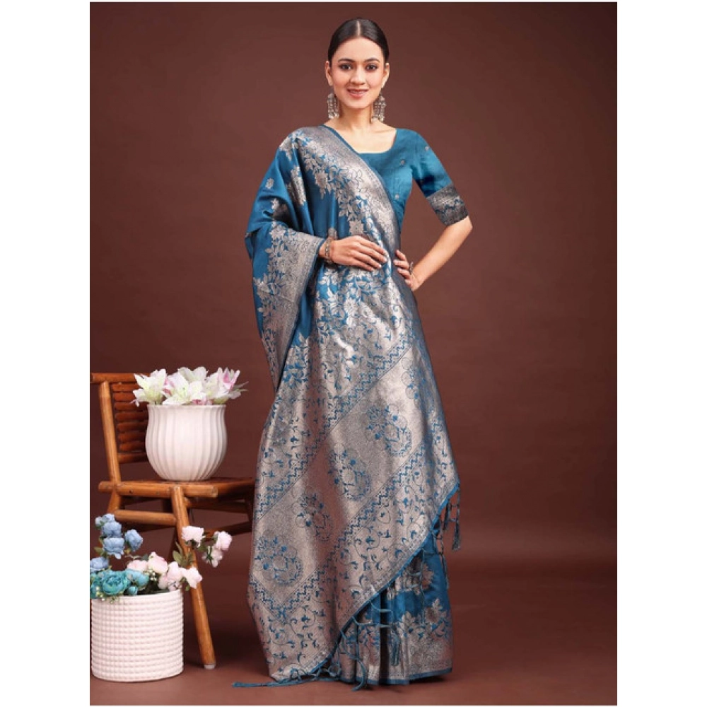 Women's Banarasi Silk Printed Saree With Unstitched Blouse 5.5Mtr (Teal Blue) Women's Banarasi Silk Printed Saree With Unstitched Blouse 5.5Mtr (Teal Blue)