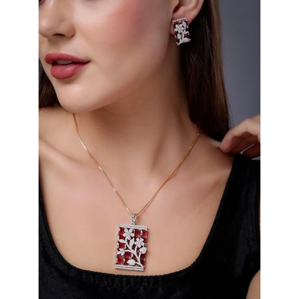 Women's Brass Silver Plated Pendant Set (Red)