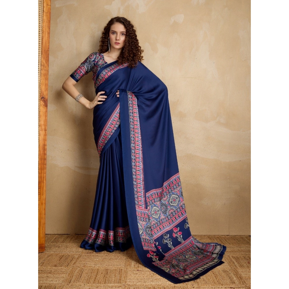 Women's Satin Crepe Printed Saree With Unstitched Blouse 5.5Mtr (Navy Blue)