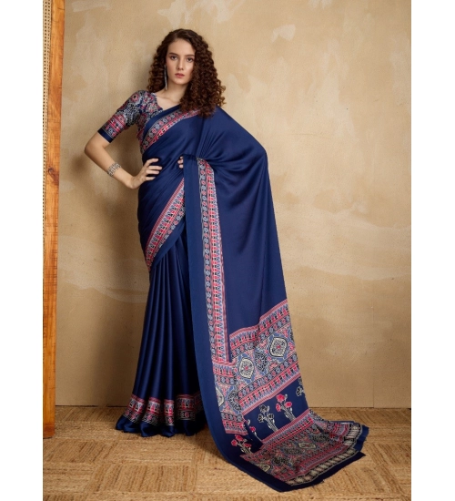 Women's Satin Crepe Printed Saree With Unstitched Blouse 5.5Mtr (Navy Blue)