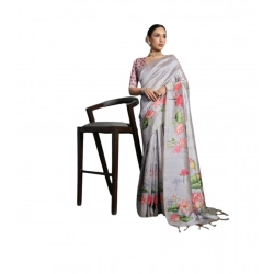Women's Cotton Printed Saree With Unstitched Blouse 5.5 Mtr (Grey)