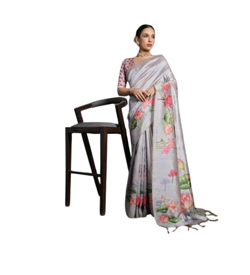 Women's Cotton Printed Saree With Unstitched Blouse 5.5 Mtr (Grey)