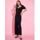 Women's Polyester Lycra Solid Puff Sleeve Jumpsuit (Black)