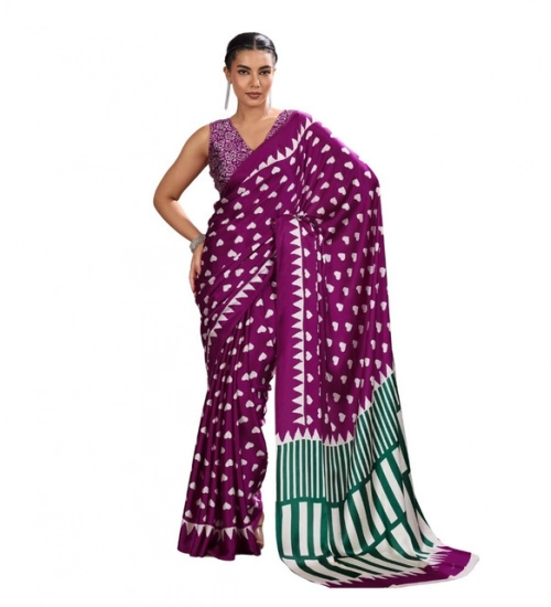 Women's Satin Crepe Printed Saree With Unstitched Blouse 5.5Mtr (Purple)