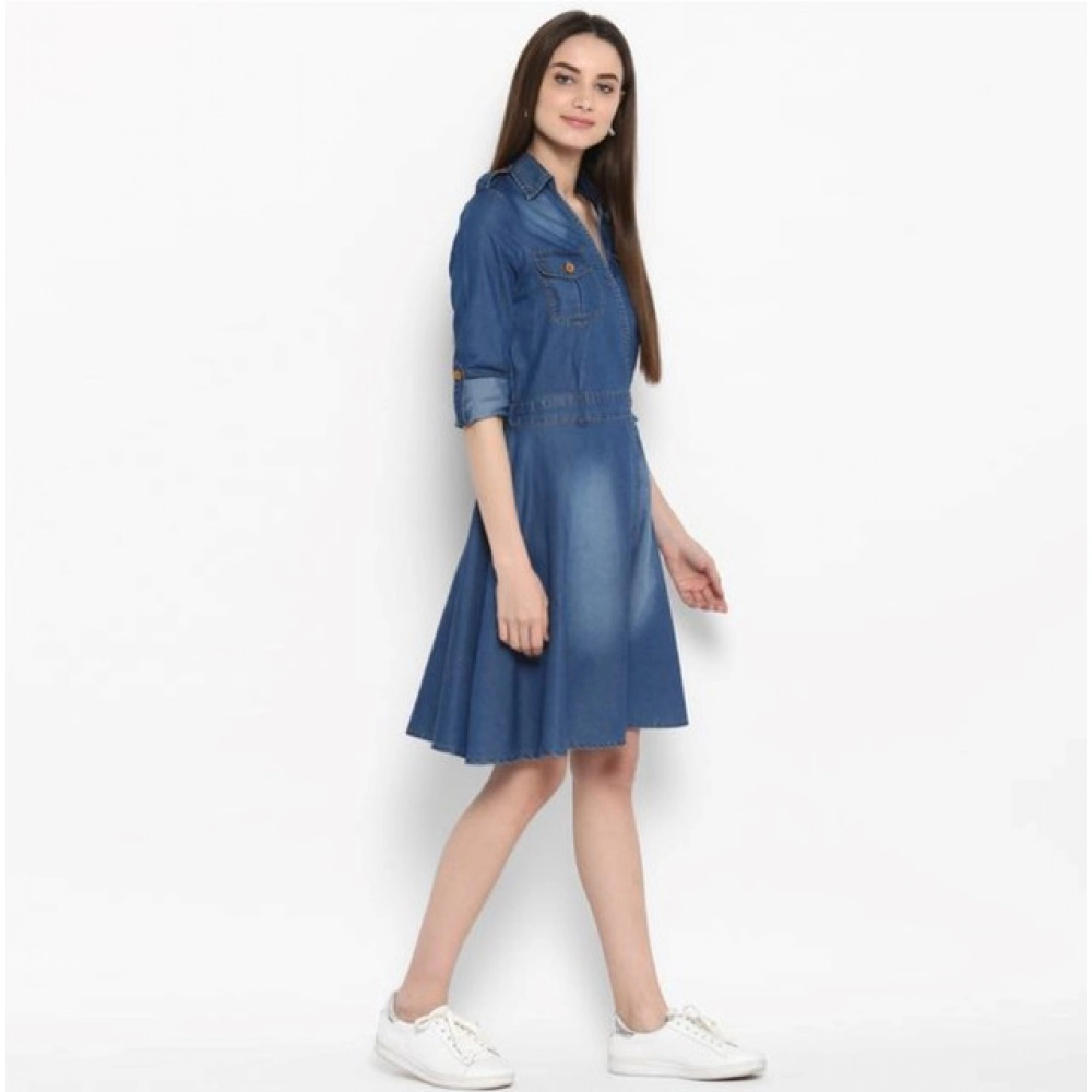 Women's Denim Solid Roll Up Sleeve Dress (Blue)
