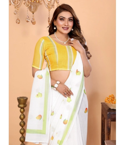 Women's Linen Cotton Printed Saree With Unstitched Blouse 5.5Mtr (White)