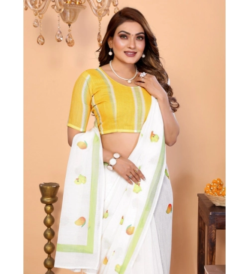 Women's Linen Cotton Printed Saree With Unstitched Blouse 5.5Mtr (White)
