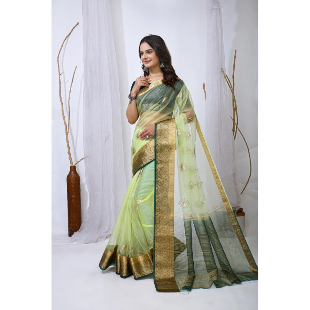 Women's Organza jacquard Embellished Saree With Unstitched Blouse 5.5Mtr (Light Green) Women's Organza jacquard Embellished Saree With Unstitched Blouse 5.5Mtr (Light Green)