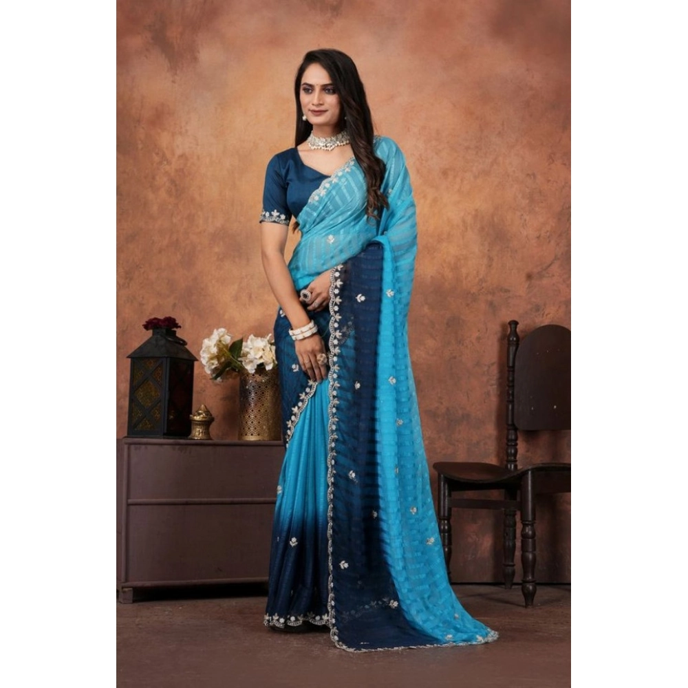 Women's Chiffon Embroidred Saree With Unstitched Blouse 5.5Mtr (Light Blue) Women's Chiffon Embroidred Saree With Unstitched Blouse 5.5Mtr (Light Blue)