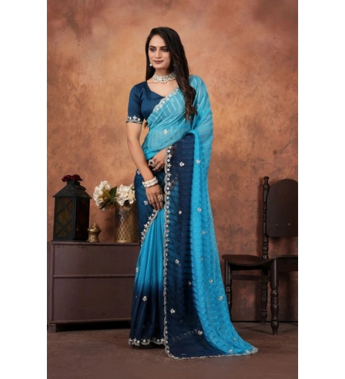 Women's Chiffon Embroidred Saree With Unstitched Blouse 5.5Mtr (Light Blue)