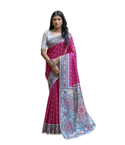 Women's Faux_Tussar Geometric_Print Saree With Unstitched Blouse 5.5Mtr (Pink) Women's Faux_Tussar Geometric_Print Saree With Unstitched Blouse 5.5Mtr (Pink)