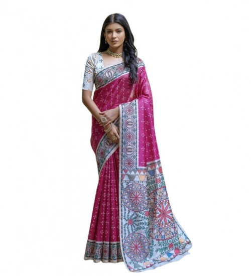 Women's Faux_Tussar Geometric_Print Saree With Unstitched Blouse 5.5Mtr (Pink)