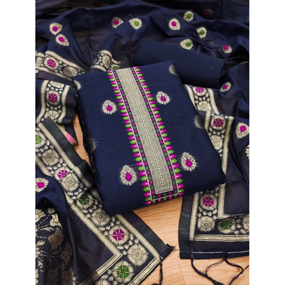 Women's Banarasi Silk Printed Unstitched Salwar Suit Material With Dupatta (Navy Blue, 3Mtrs)