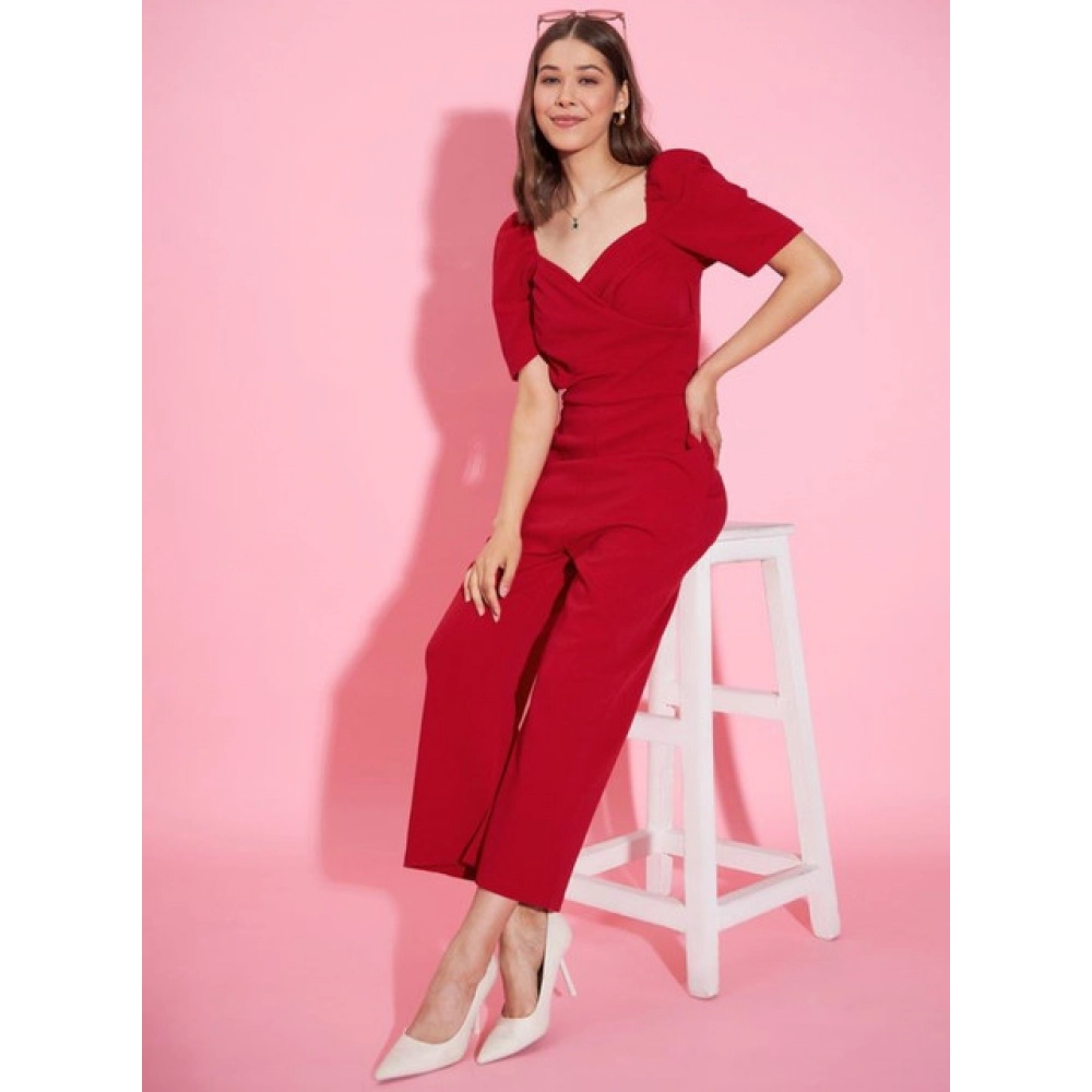 Women's Polyester Lycra Solid Puff Sleeve Jumpsuit (Red)