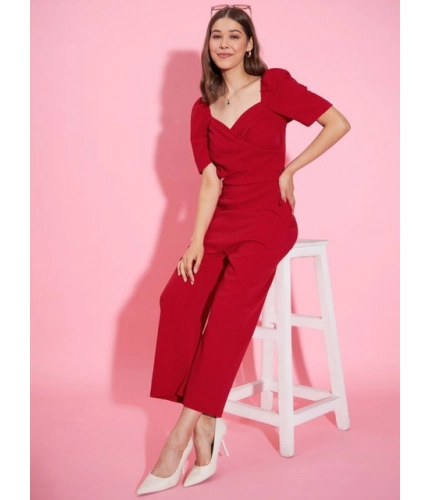 Women's Polyester Lycra Solid Puff Sleeve Jumpsuit (Red)
