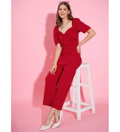 Women's Polyester Lycra Solid Puff Sleeve Jumpsuit (Red) Women's Polyester Lycra Solid Puff Sleeve Jumpsuit (Red)