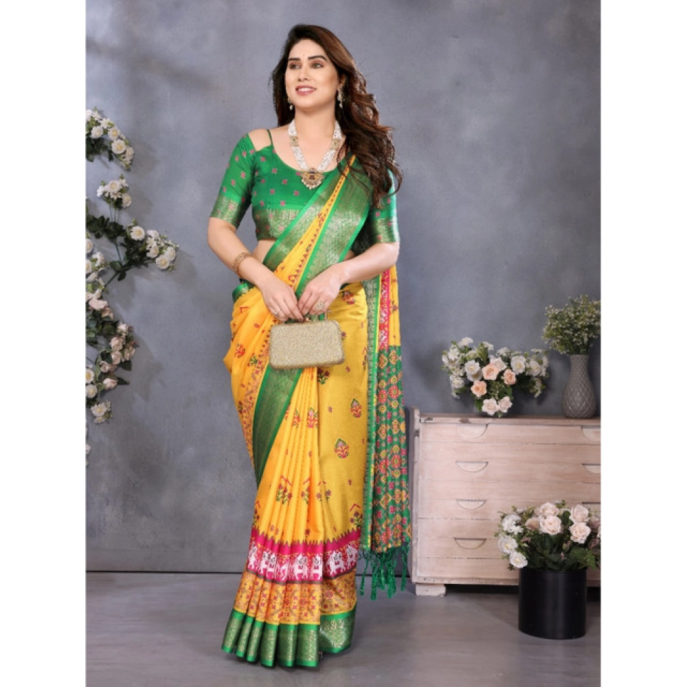 Women's Cotton Silk  Printed Saree With Unstitched Blouse 5.5Mtr (Yellow)