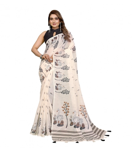 Women's Linen Cotton Printed Saree With Unstitched Blouse 5.5Mtr (Off White)