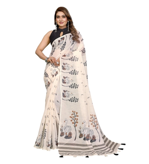 Women's Linen Cotton Printed Saree With Unstitched Blouse 5.5Mtr (Off White) Women's Linen Cotton Printed Saree With Unstitched Blouse 5.5Mtr (Off White)