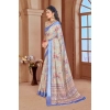 Dropship Women's Printed Cotton Linen Saree withPrinted  Saree With Unstitched Blouse (Beige, 5-6Mtrs)
