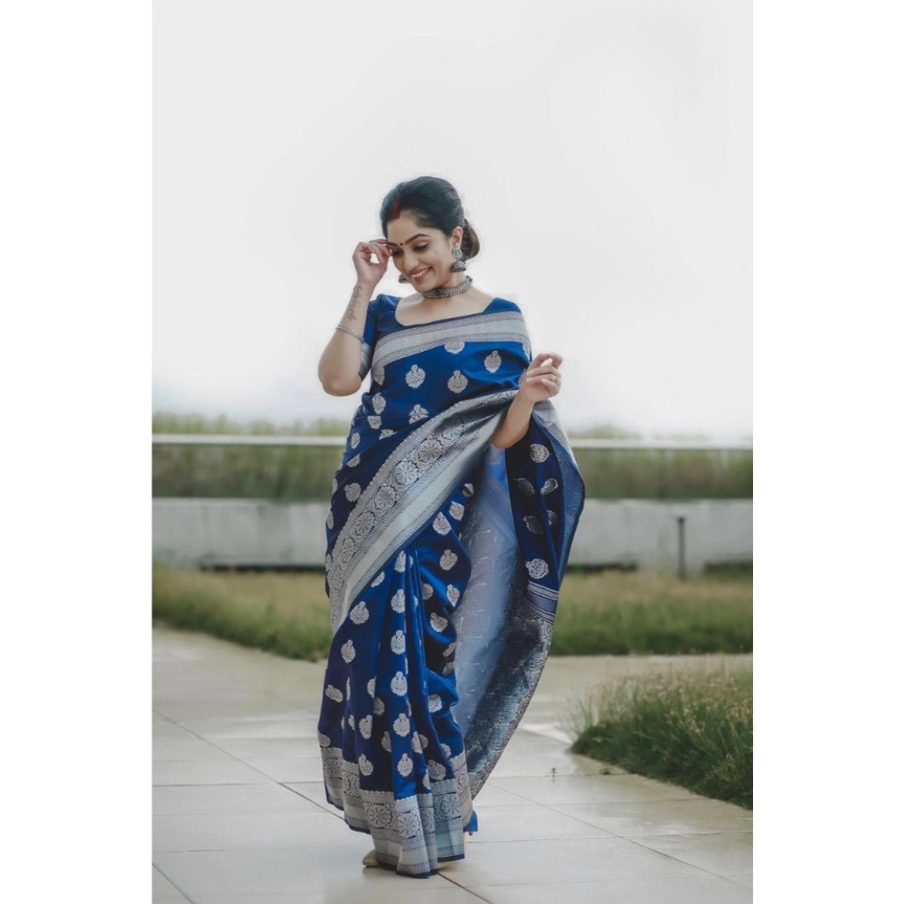 Women's Soft Lichi Silk Printed Saree With Unstitched Blouse 5.5Mtr (Blue)