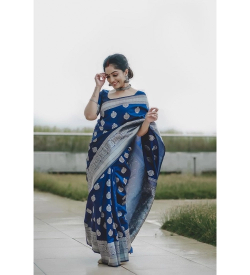 Women's Soft Lichi Silk Printed Saree With Unstitched Blouse 5.5Mtr (Blue)