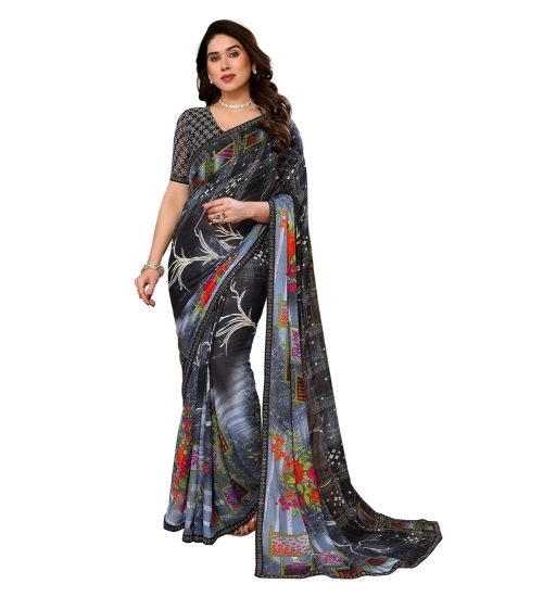 Women's Georgette Printed Saree With Unstitched Blouse 5.5Mtr (Black)