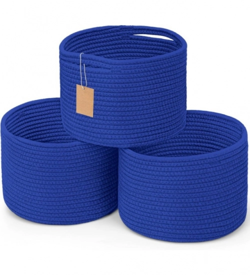 Cotton 9x7 Inch Pack of 3 Storage Basket For Clothes (Royal Blue)