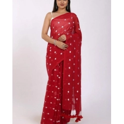 Women's Linen Printed Saree With Unstitched Blouse 5.5Mtr (Red)