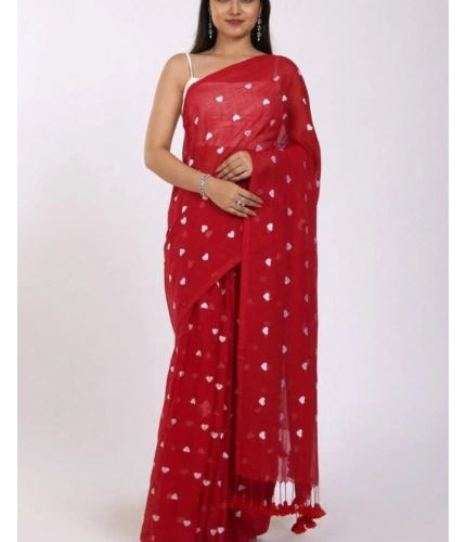Women's Linen Printed Saree With Unstitched Blouse 5.5Mtr (Red)