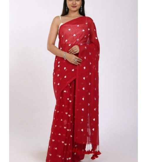 Women's Linen Printed Saree With Unstitched Blouse 5.5Mtr (Red)