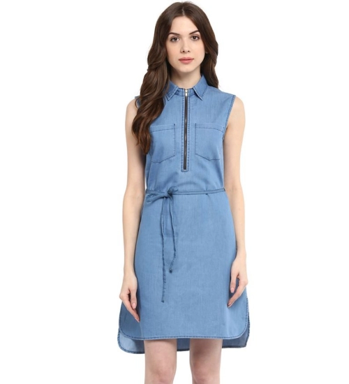 Women's Denim Solid Sleeveless Dress (Blue)