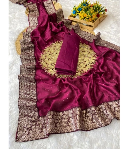 Women's Silk Embroidred Saree With Unstitched Blouse 5.5Mtr (Purple)