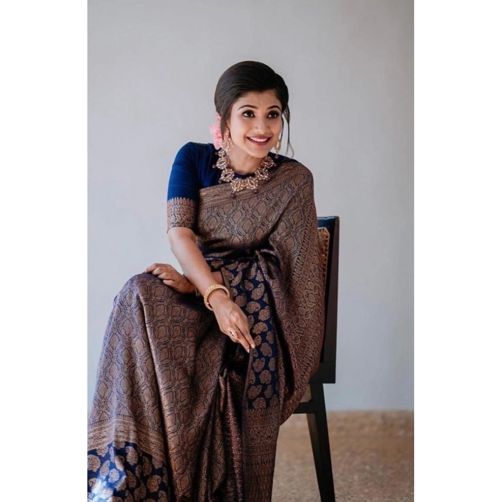 Women's Litchi silk Printed Saree With Unstitched Blouse (Blue) Women's Litchi silk Printed Saree With Unstitched Blouse (Blue)