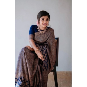Generic Women's Litchi silk Printed Saree With Unstitched Blouse (Blue)