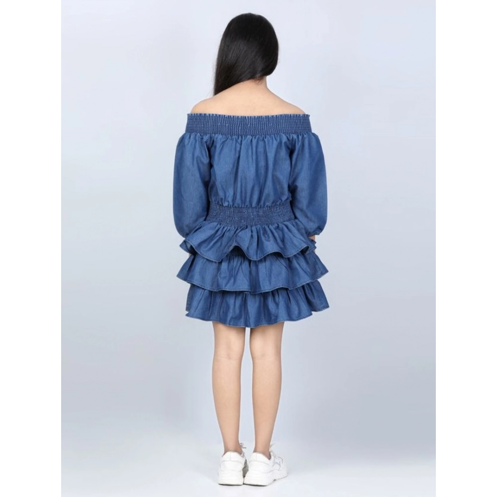 Girl's Denim Solid Off Shoulder Dress (Blue)