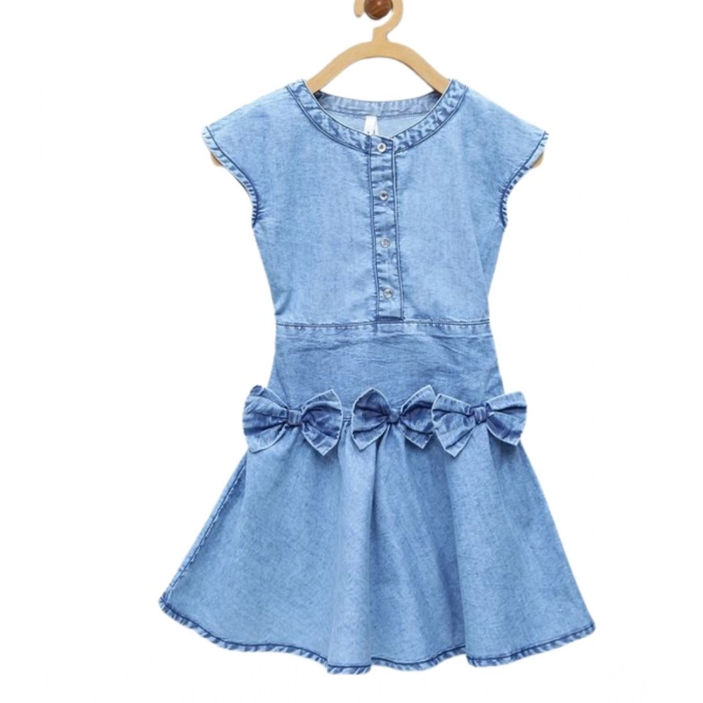 Girl's Denim Embellished Cap Sleeve bow Dress (Light Blue) Girl's Denim Embellished Cap Sleeve bow Dress (Light Blue)