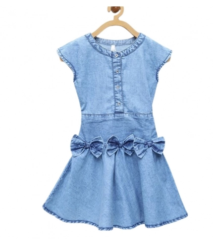 Girl's Denim Embellished Cap Sleeve bow Dress (Light Blue)