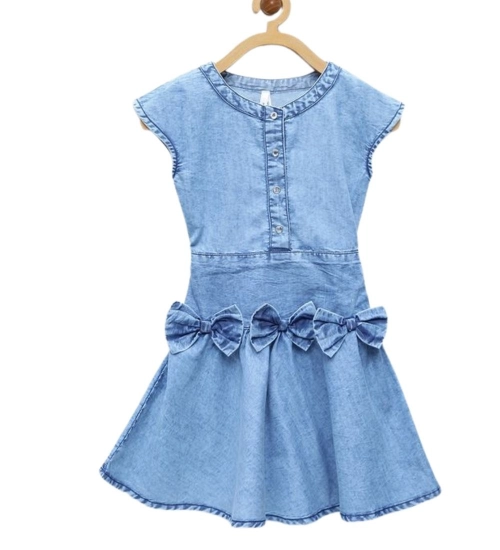 Girl's Denim Embellished Cap Sleeve bow Dress (Light Blue)